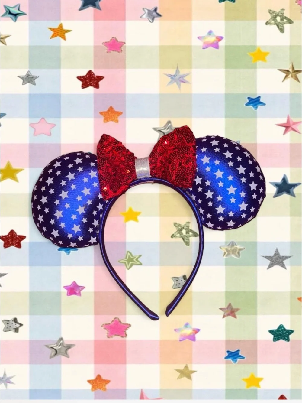 Disney Blue Star Print Minnie Ears Headband with Red Sequin Bow